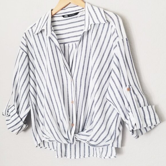 Zara Striped Linen Blend Knotted Twist Front Button Front Shirt Size S White - Picture 7 of 16